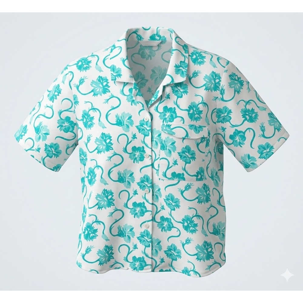 Cos Cob Vintage Teal White Floral Cotton Short Sleeve Button Up Shirt USA L